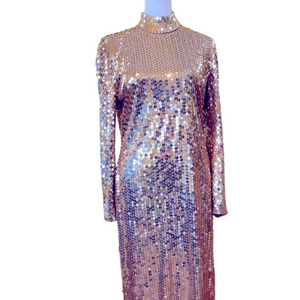 Vintage Sequin Gown Oleg Cassini Rose Gold Bodycon Backless High-Neck 8